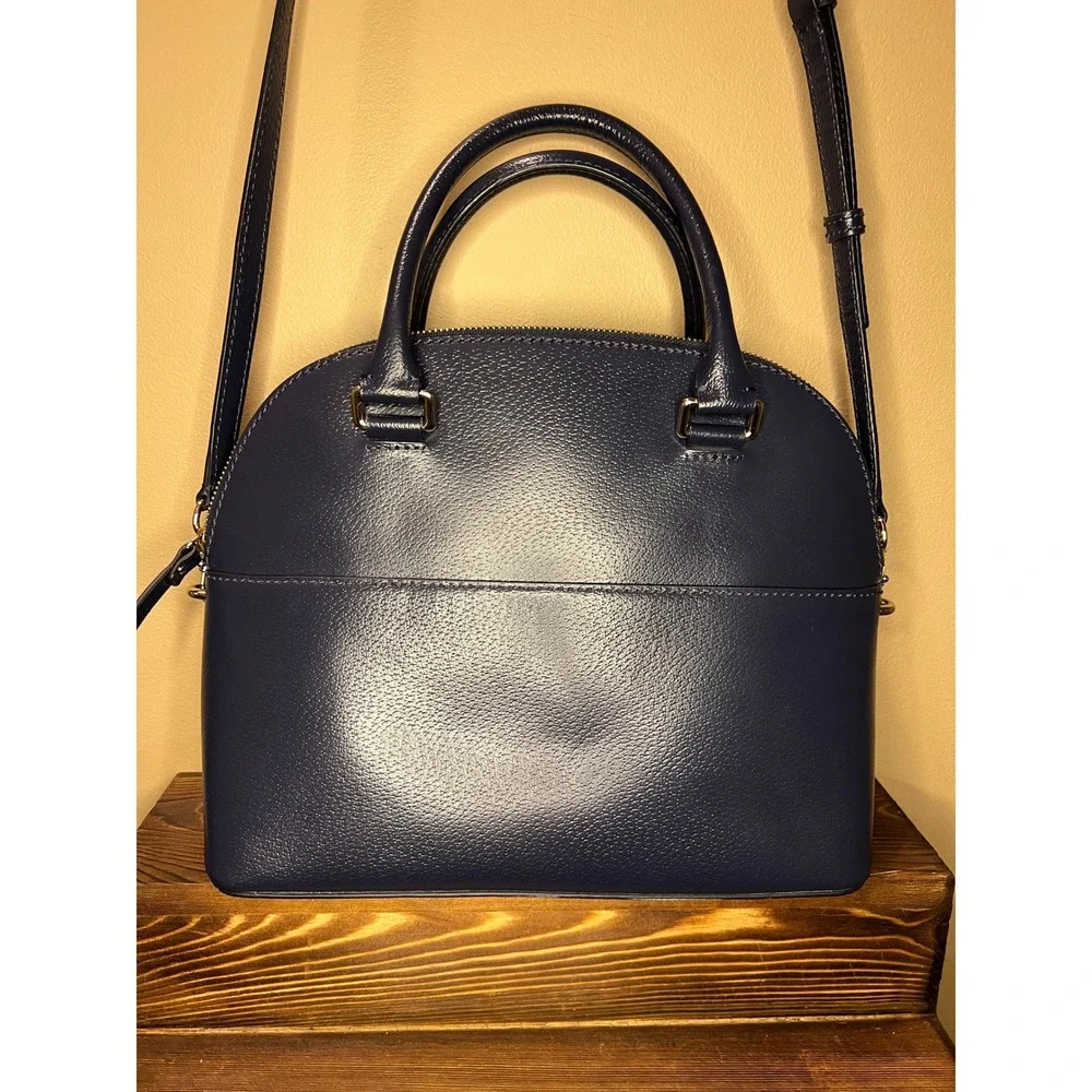 Kate Spade Navy Leather Satchel Top Handle Crossbody Bag Classic Structured Purs